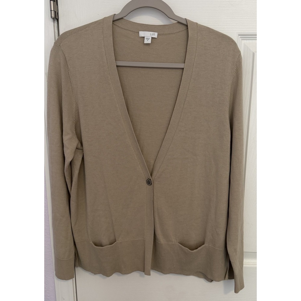 J Jill Cardigan Medium Taupe 3/4 Sleeve Button Front Silk/Cotton Lightweight EUC